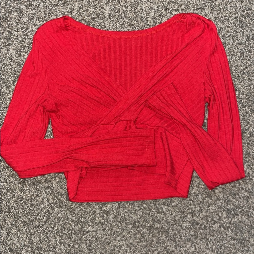 SHEIN Red Ribbed Wrap Crop Top